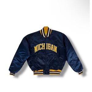 Starter Michigan Wolverines Varsity Jacket Navy Blue Satin Bomber Mens Large L